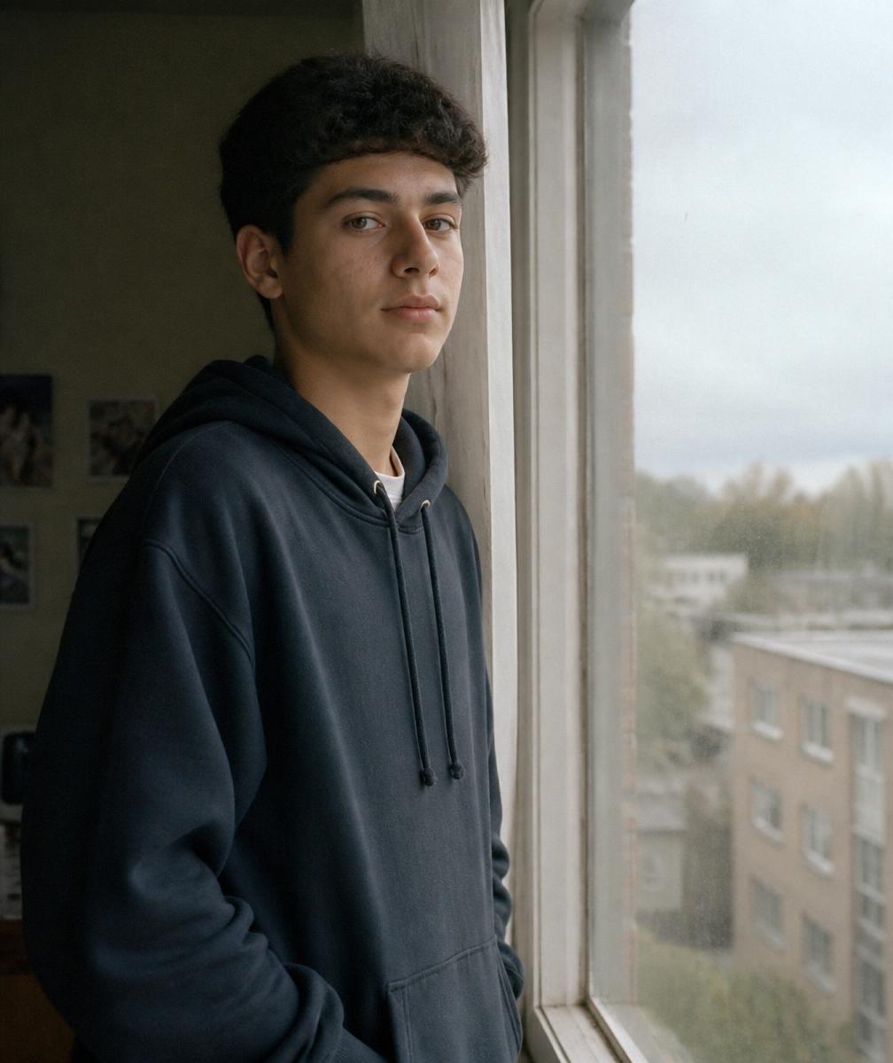 A teenage boy standing calmly by a window in a modest apartment