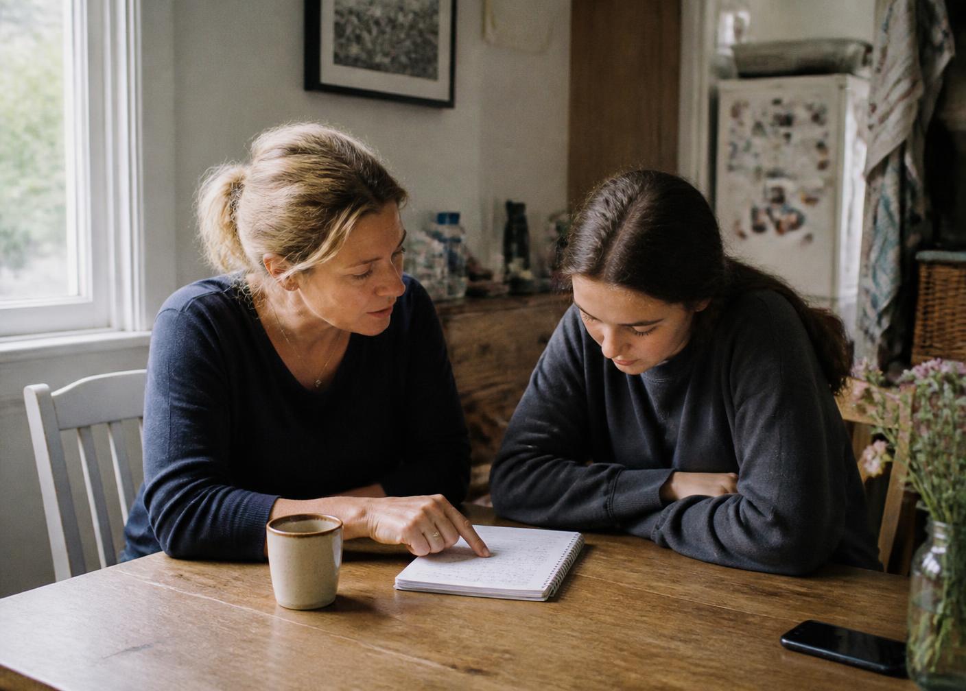 A parent and teenage daughter reading a notebook together at a kitchen table in morning light
